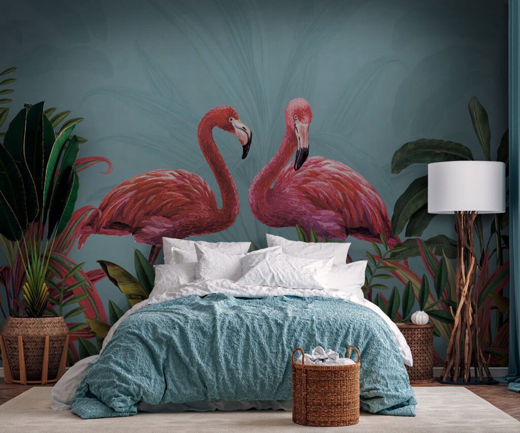 Flamingók színes levélszárak között — lakásbelső 2