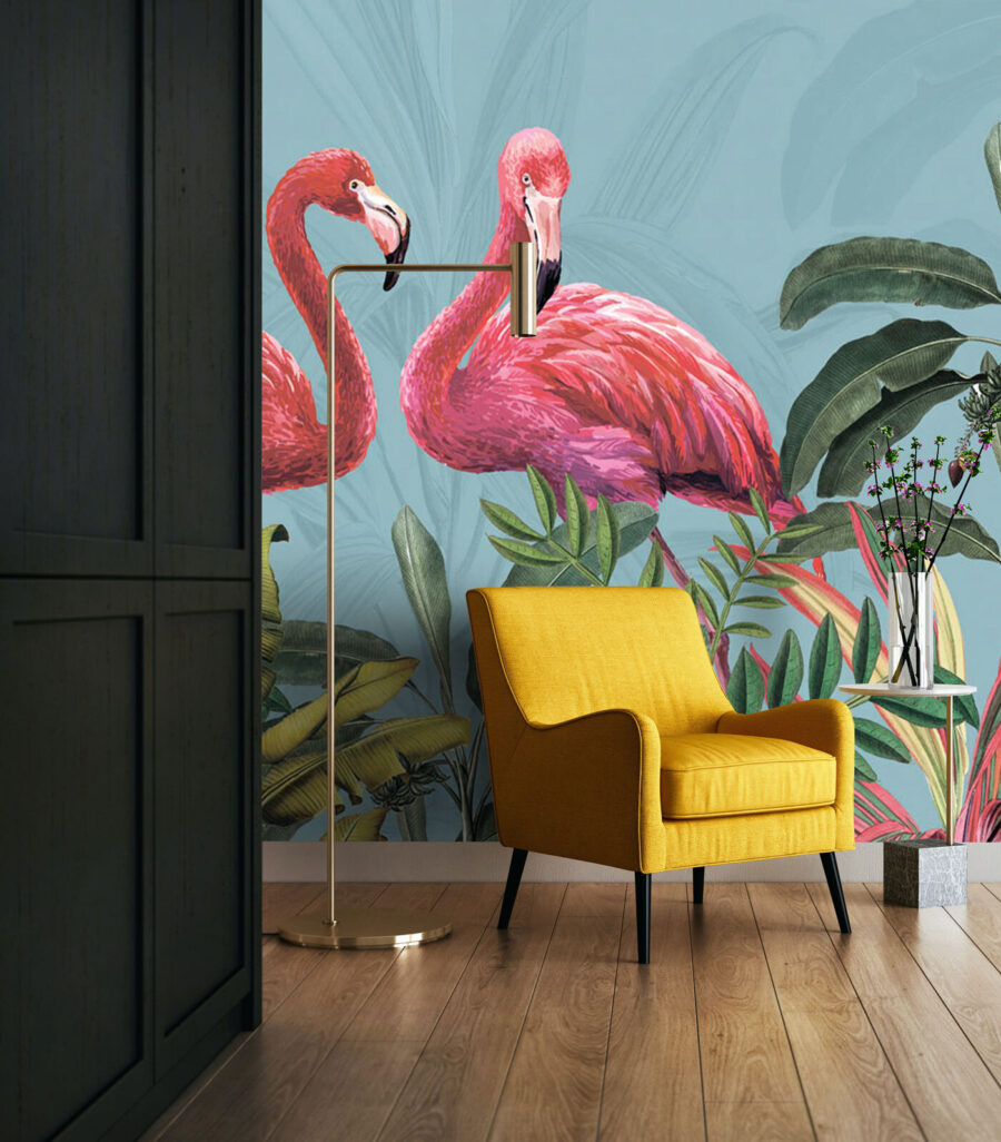 Flamingók színes levélszárak között — lakásbelső 1