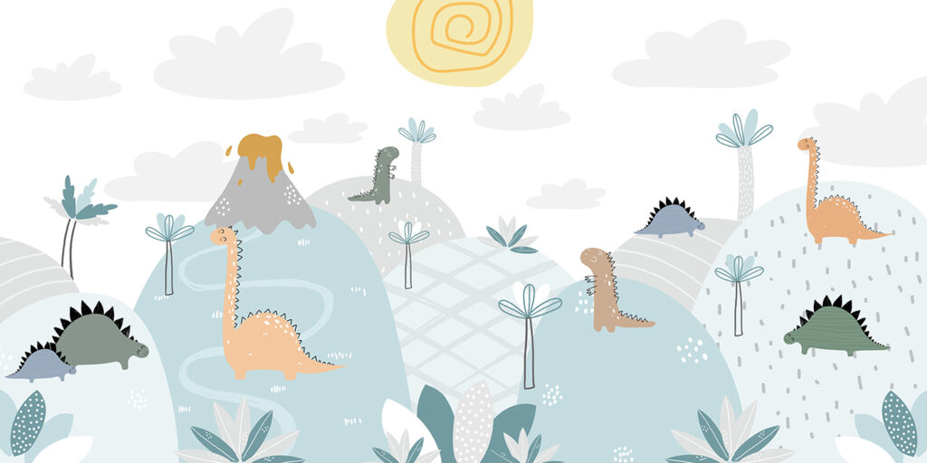 Dinoszauruszok pasztell vulkánok között — teljes motívum