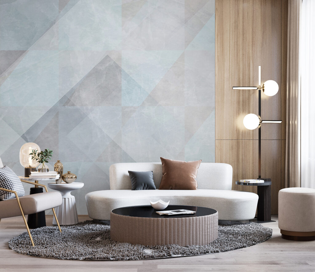 Kék geometria festékrétegekben — lakásbelső 3