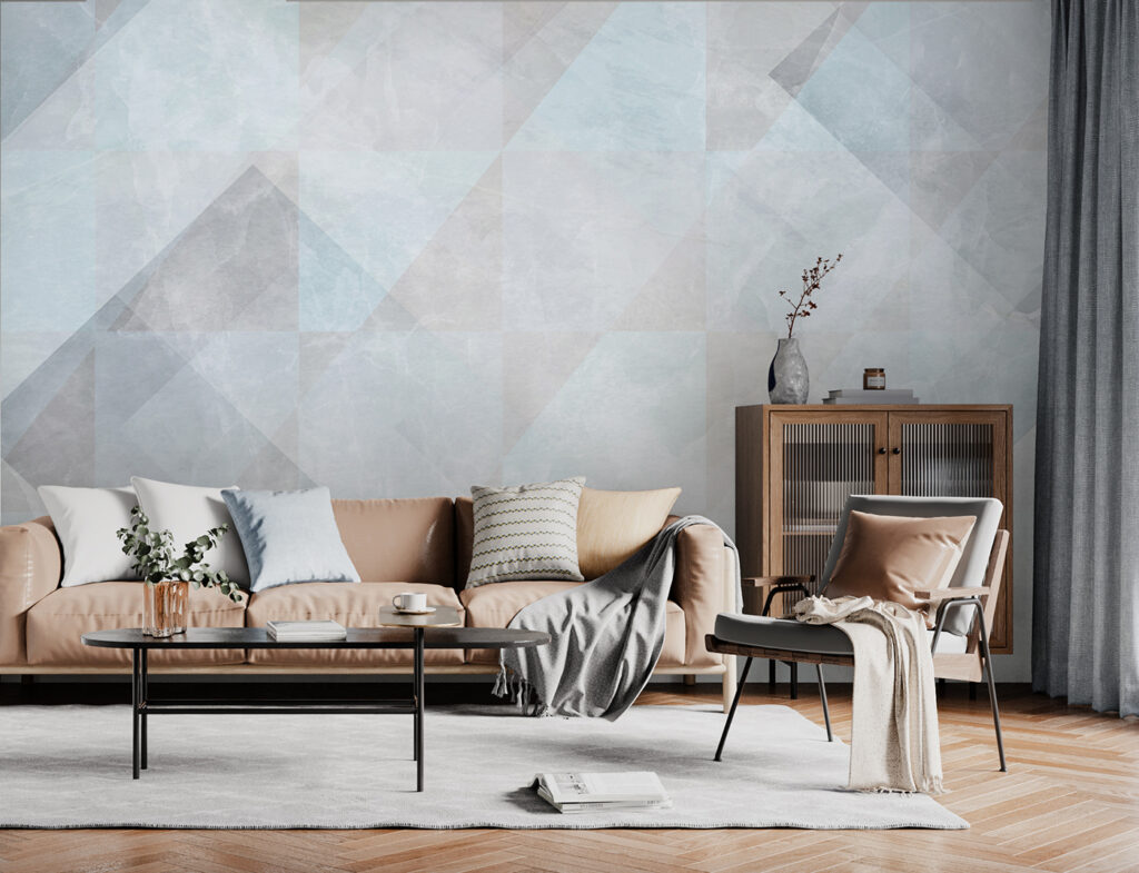 Kék geometria festékrétegekben — lakásbelső 4
