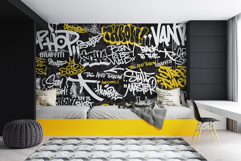 Sárga graffiti feketén — lakásbelső 2