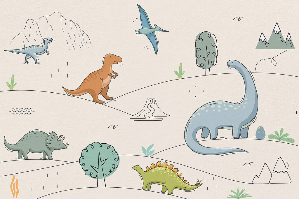 Dinoszauruszok finom kontúrokkal — teljes motívum