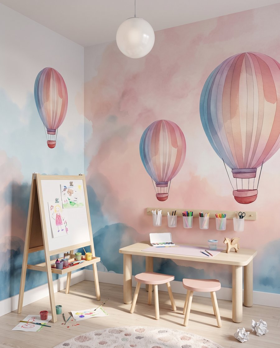 Hőlégballonok a felhők felett egy belső térben