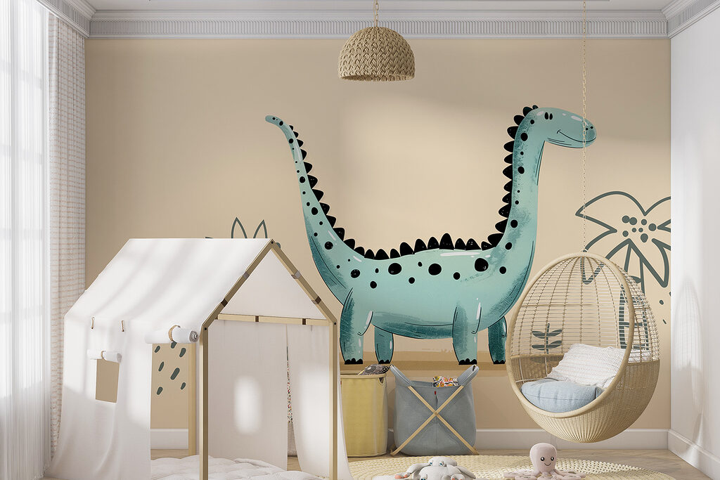 Hosszúnyakú dinoszaurusz egy belső térben