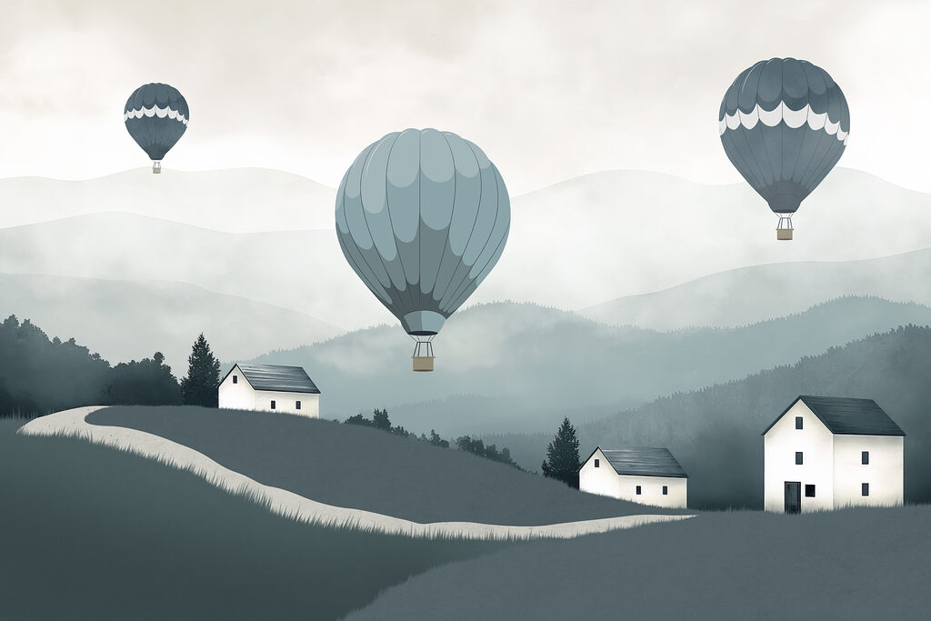 Hőlégballonok dombok felett — teljes motívum