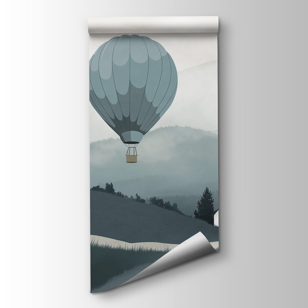 Hőlégballonok dombok felett — termékábrázolás