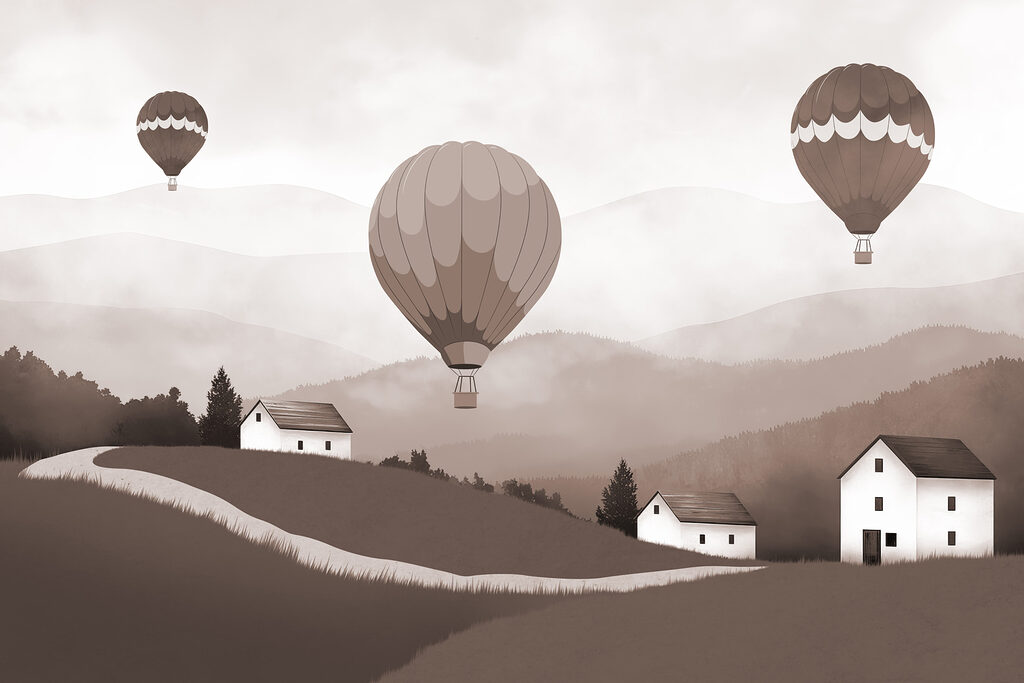 Hőlégballonok dombok felett — teljes motívum