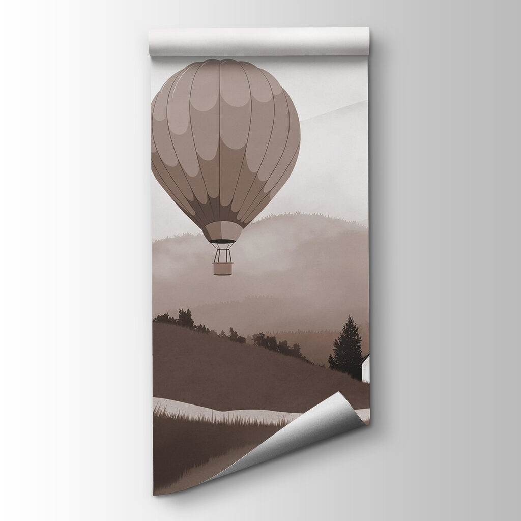 Hőlégballonok dombok felett — termékábrázolás