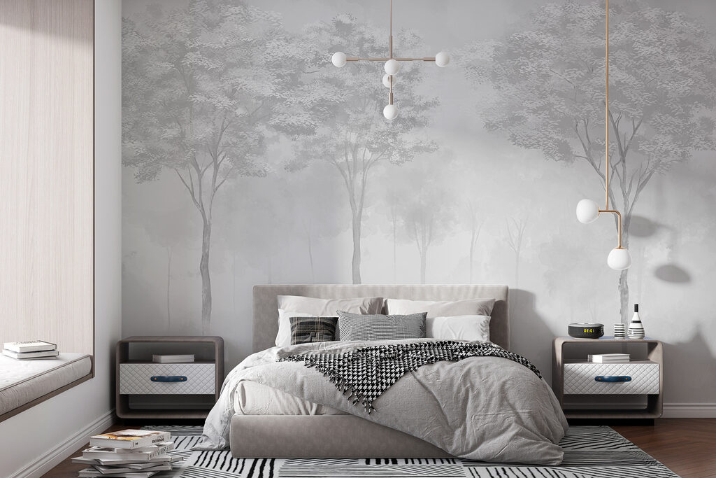 Karcsú fák pasztell ködben — lakásbelső 2