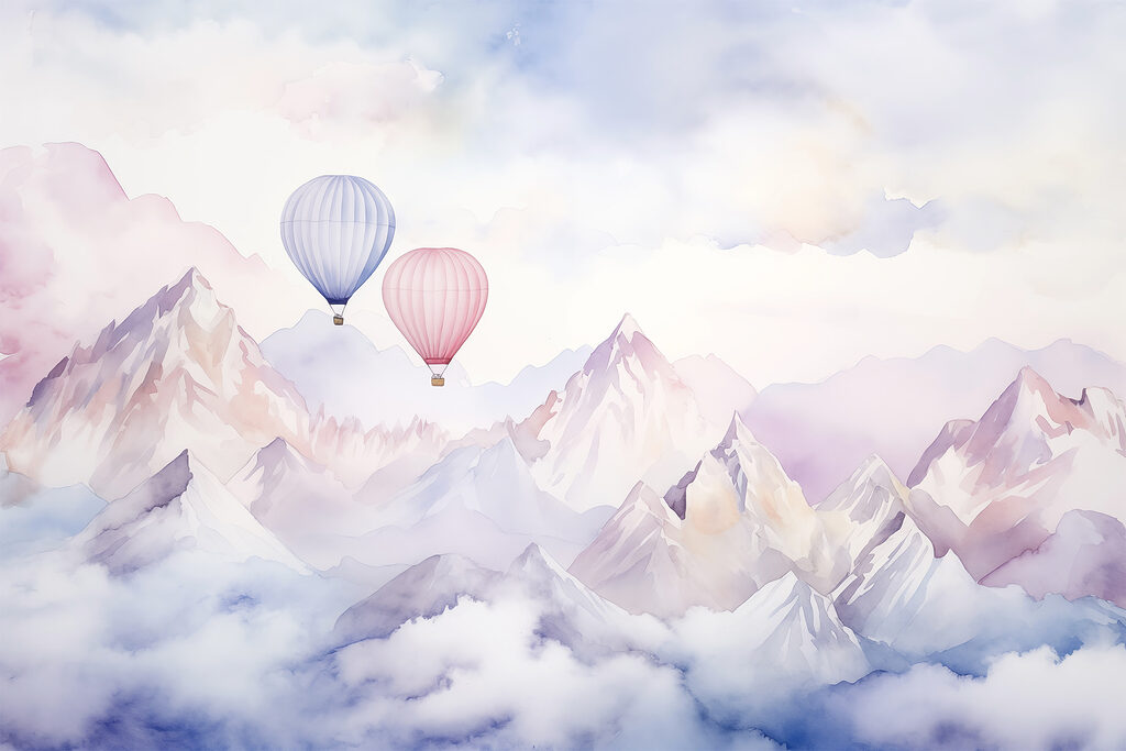 Két hőlégballon lágy felhőkben — teljes motívum