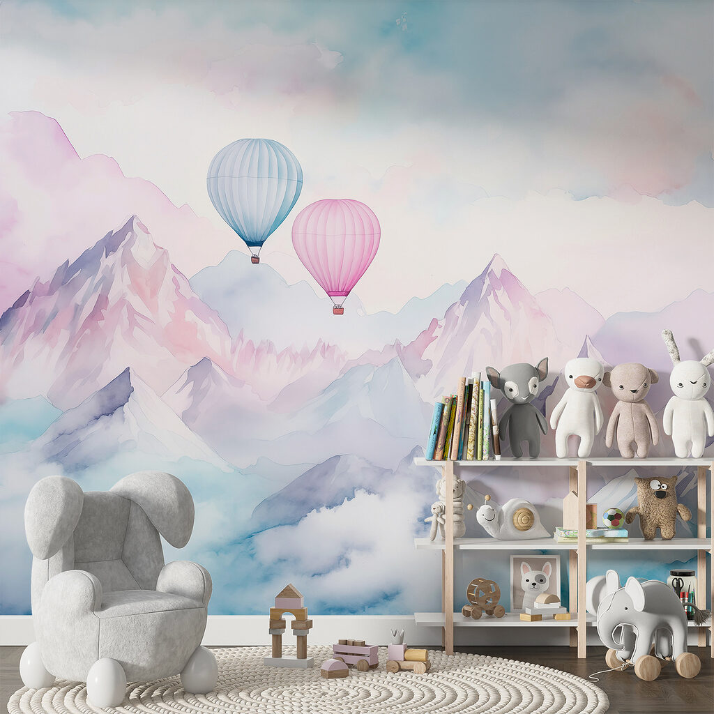Két hőlégballon lágy felhőkben egy belső térben