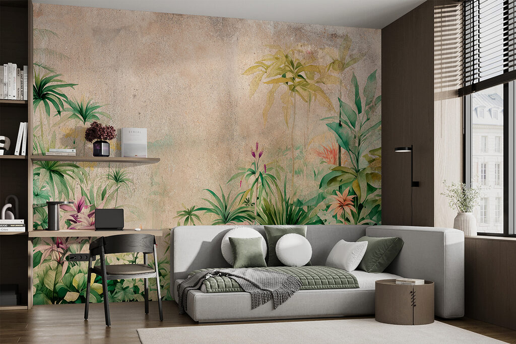 Dzsungelvirágok bézs háttéren — lakásbelső 3