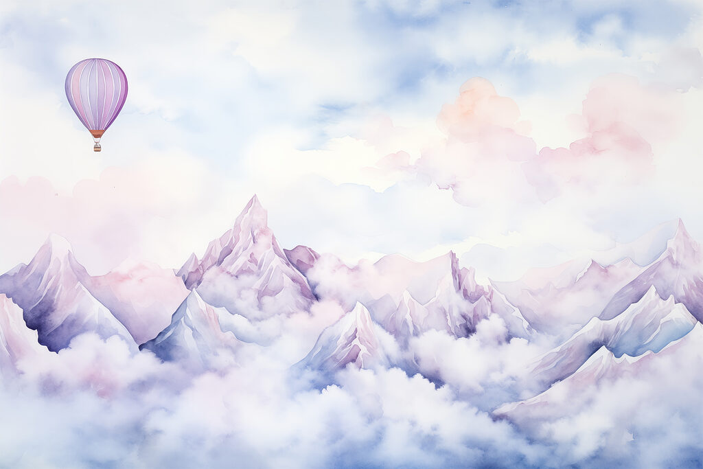 Lila hőlégballon hegyek felett — teljes motívum