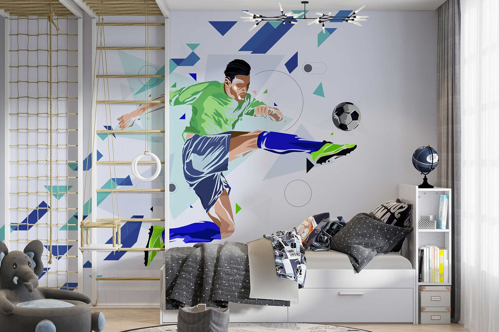Futballista kék nyilak között egy belső térben