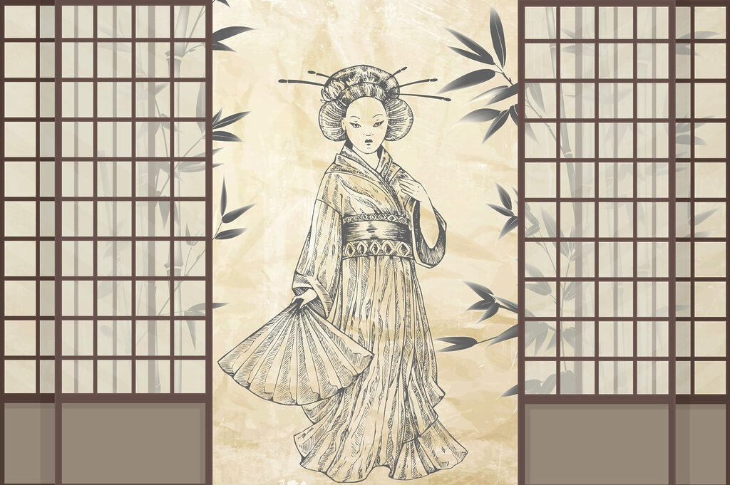 Nő japán paravánok között — teljes motívum