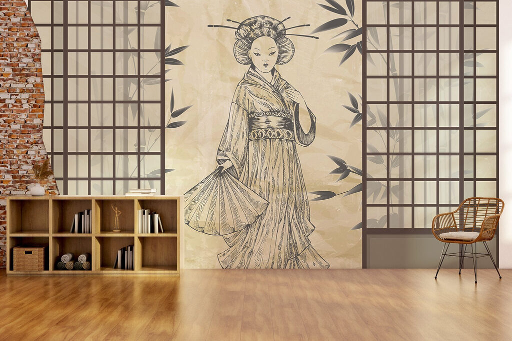 Nő japán paravánok között — lakásbelső 1