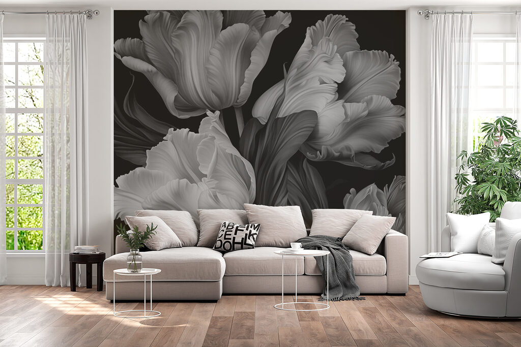 Szürke tulipánok fekete háttéren — lakásbelső 2