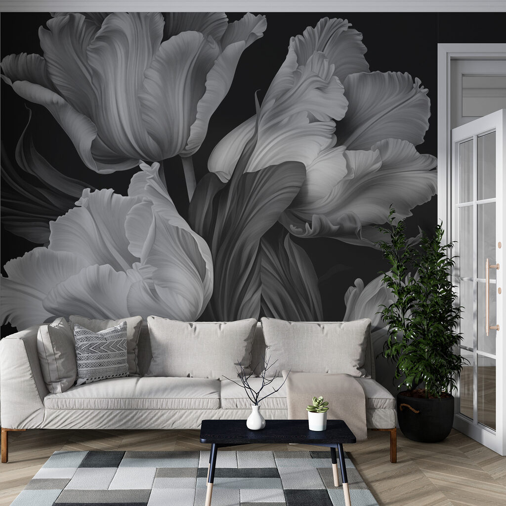 Szürke tulipánok fekete háttéren — lakásbelső 3