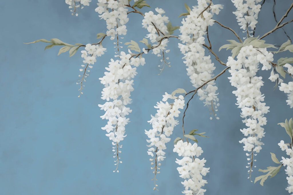 Fehér virágzat acélkék háttéren — teljes motívum