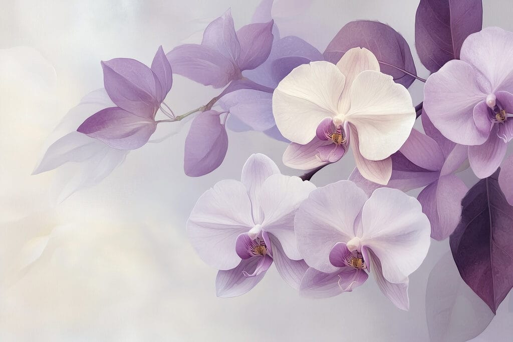 Orchideák lila levelek között — teljes motívum