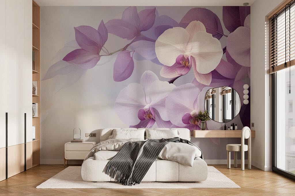 Orchideák lila levelek között — lakásbelső 1