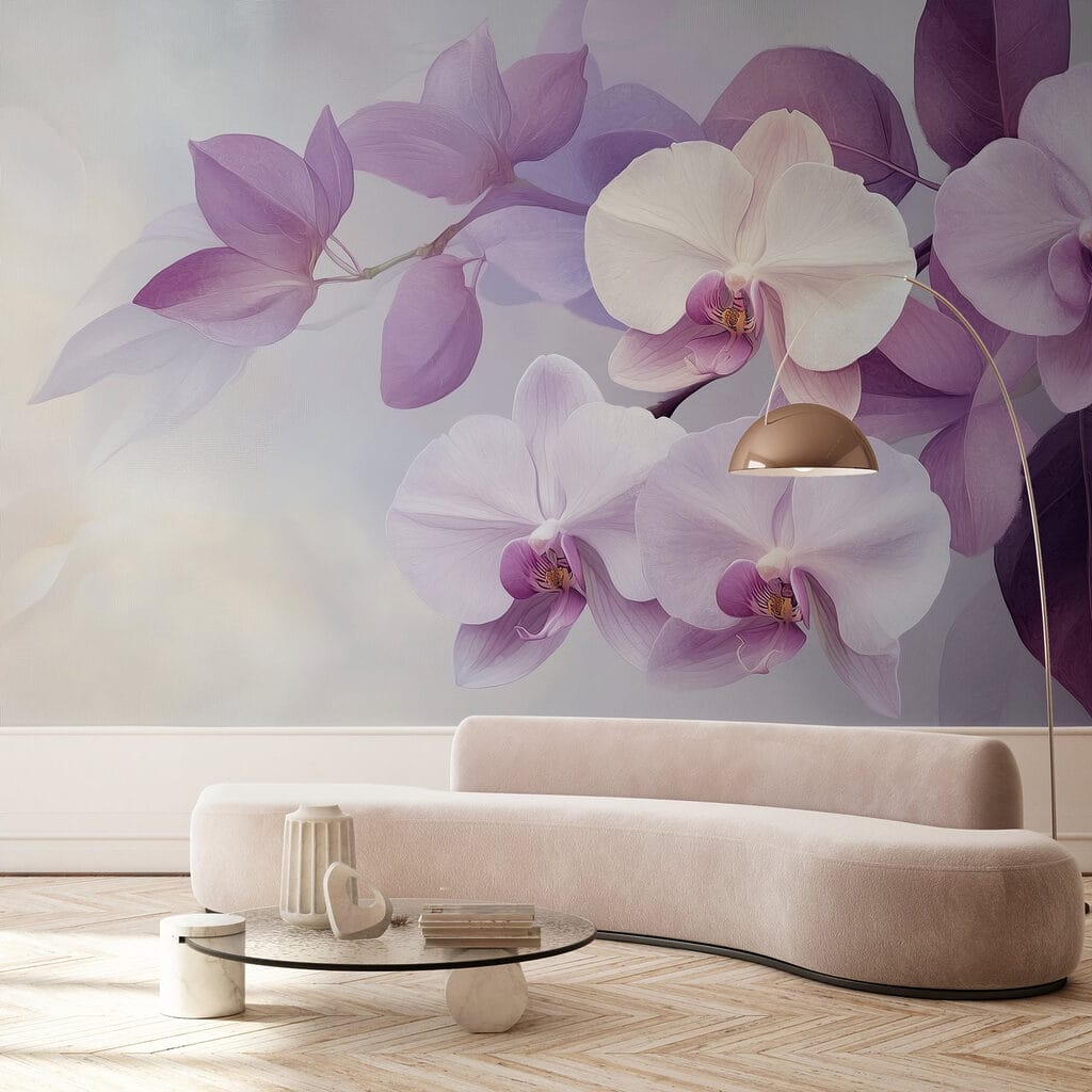 Orchideák lila levelek között — lakásbelső 3