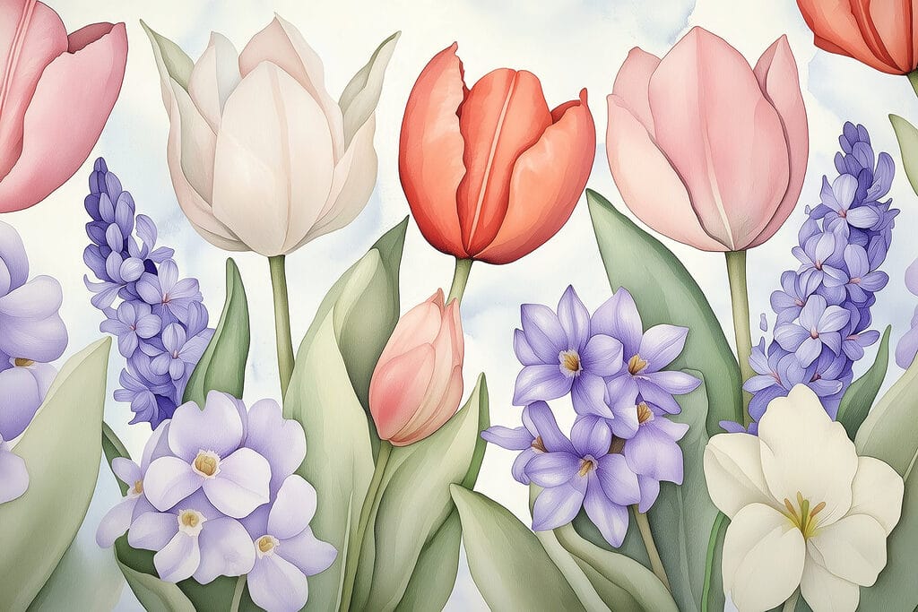 Tulipánok lila virágok között — teljes motívum