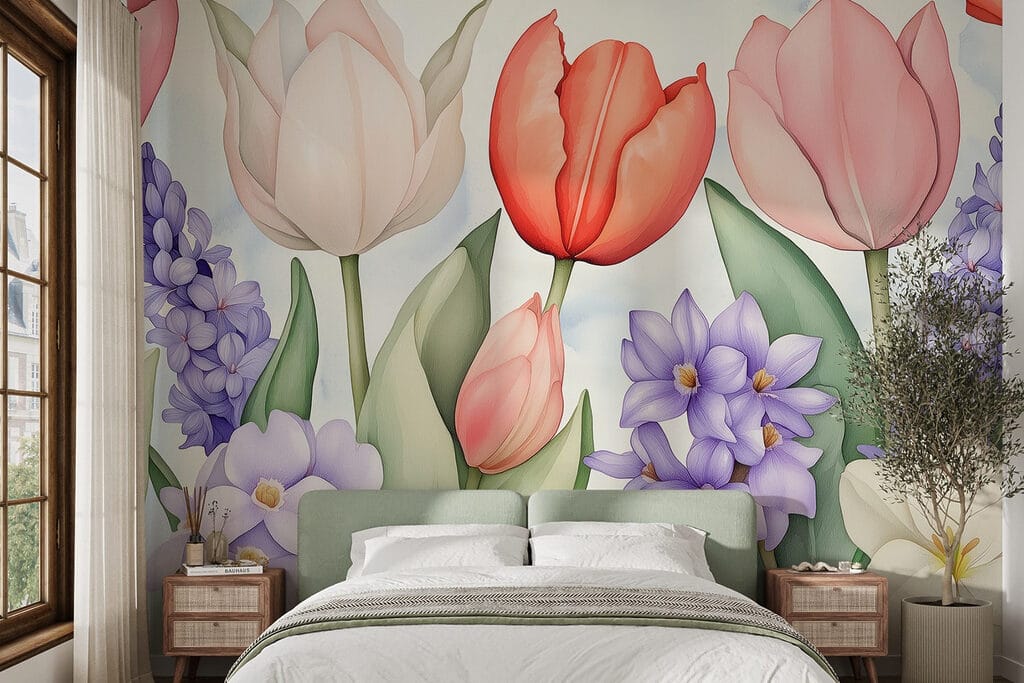 Tulipánok lila virágok között — lakásbelső 1