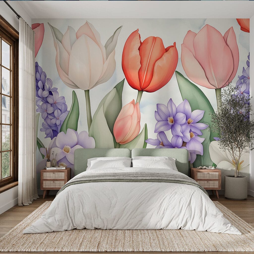 Tulipánok lila virágok között — lakásbelső 2