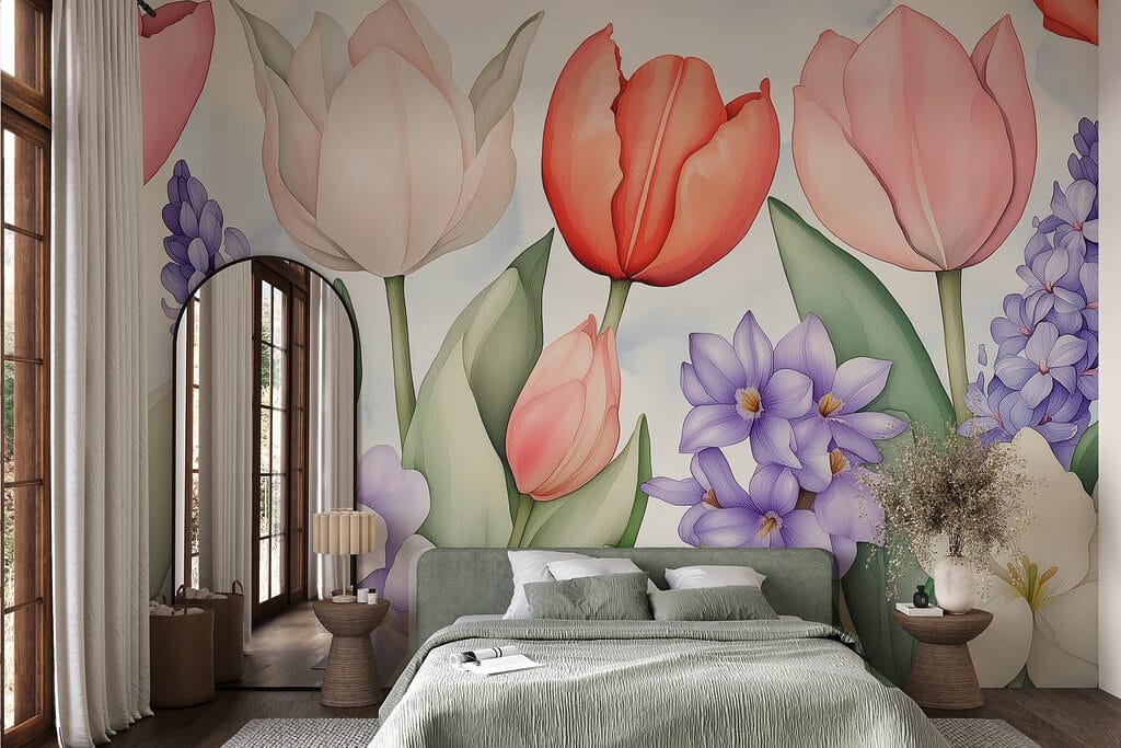Tulipánok lila virágok között — lakásbelső 3