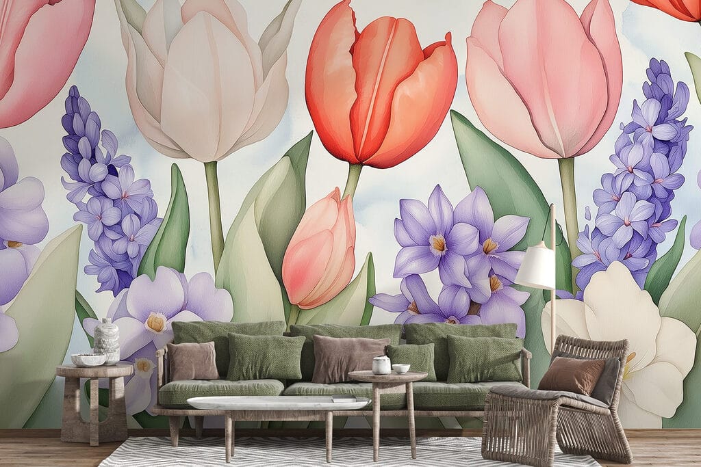 Tulipánok lila virágok között — lakásbelső 4