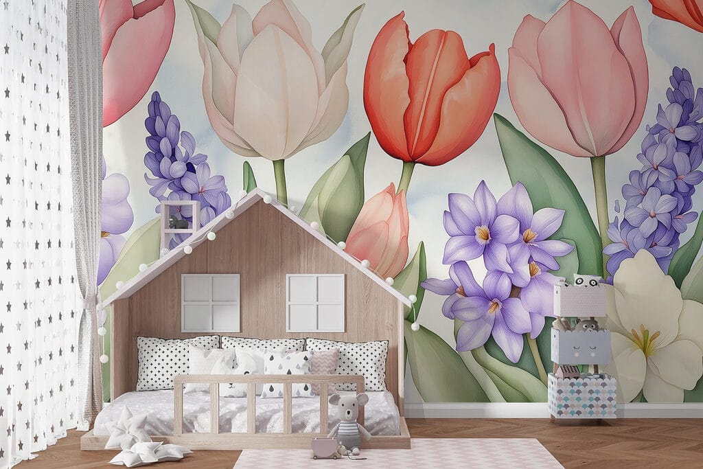 Tulipánok lila virágok között — lakásbelső 5