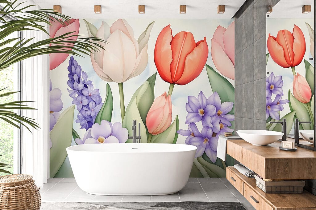 Tulipánok lila virágok között — lakásbelső 6