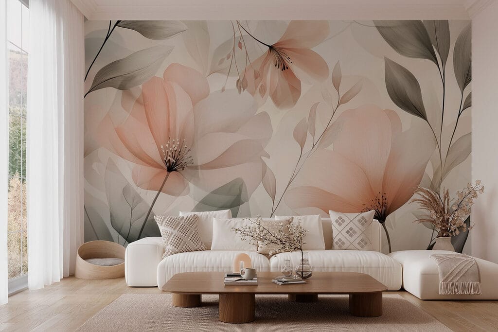 Barackszínű virágok levéllel — lakásbelső 3