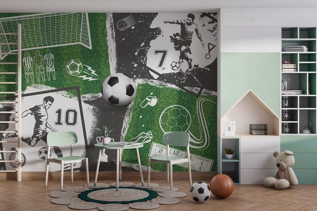 Futball zöldben és feketében egy belső térben
