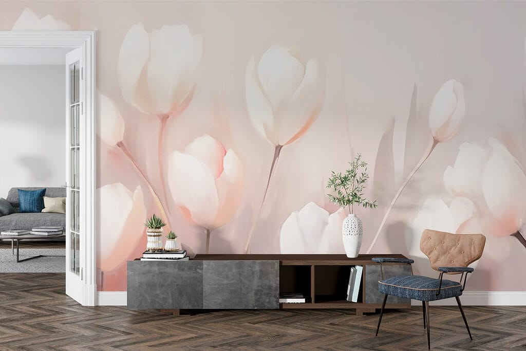 Világos tulipánok rózsaszínen — lakásbelső 1