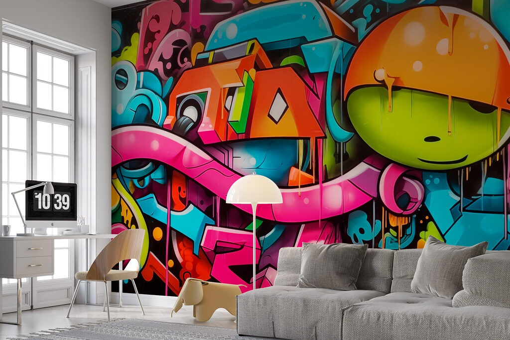 Színes graffiti fejhallgatóval — lakásbelső 2