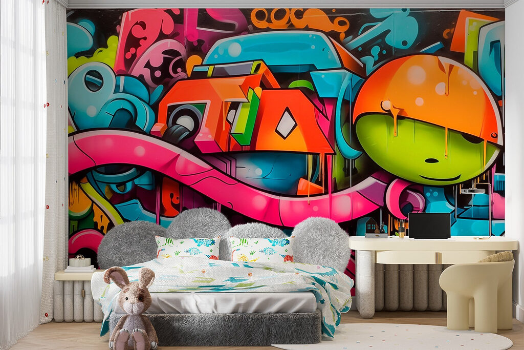 Színes graffiti fejhallgatóval — lakásbelső 3