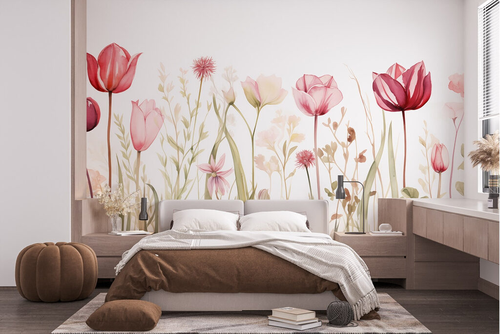Rózsaszín tulipánok fehéren — lakásbelső 1