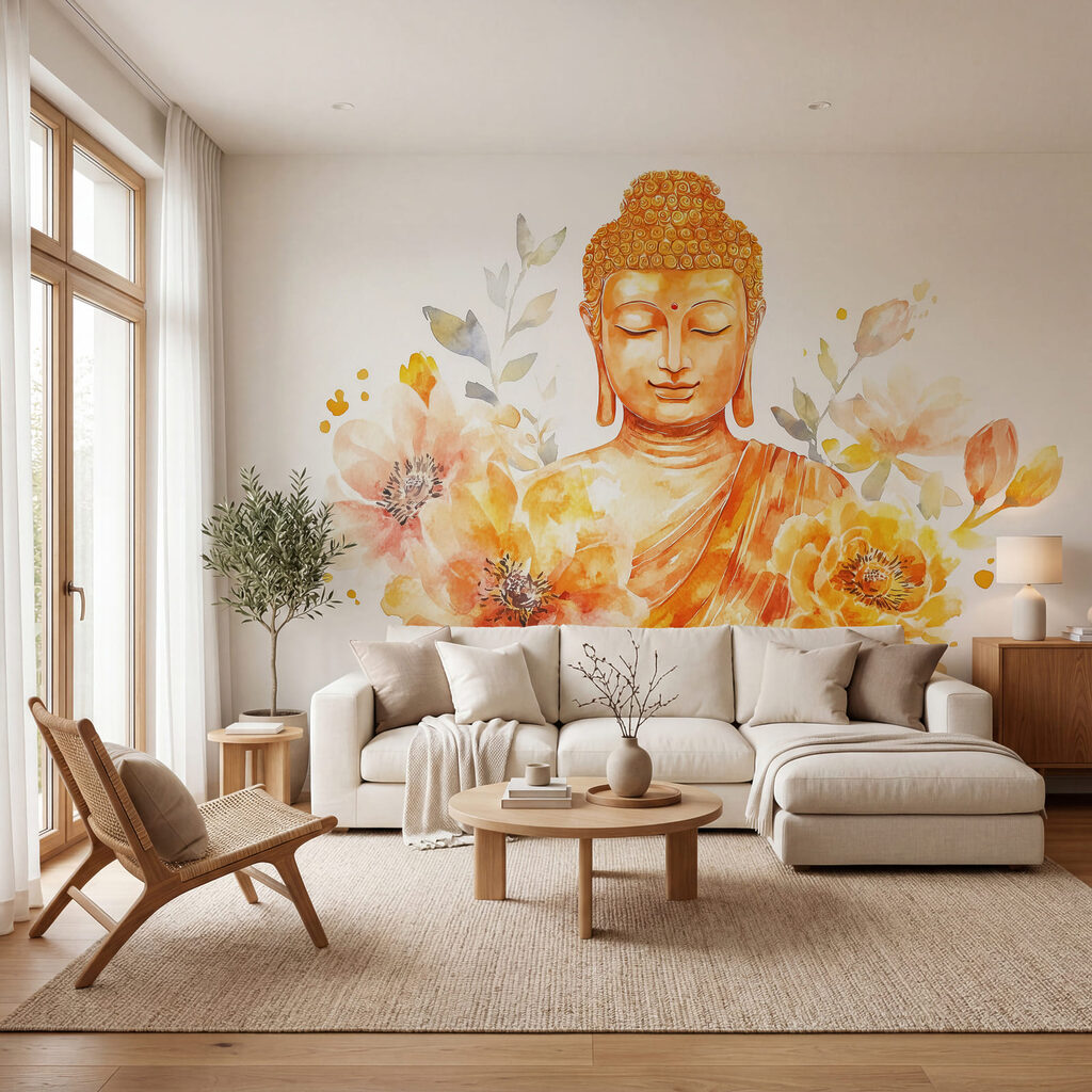 Buddha telt virágok között egy belső térben