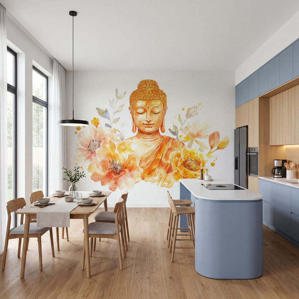 Buddha telt virágok között — lakásbelső 2