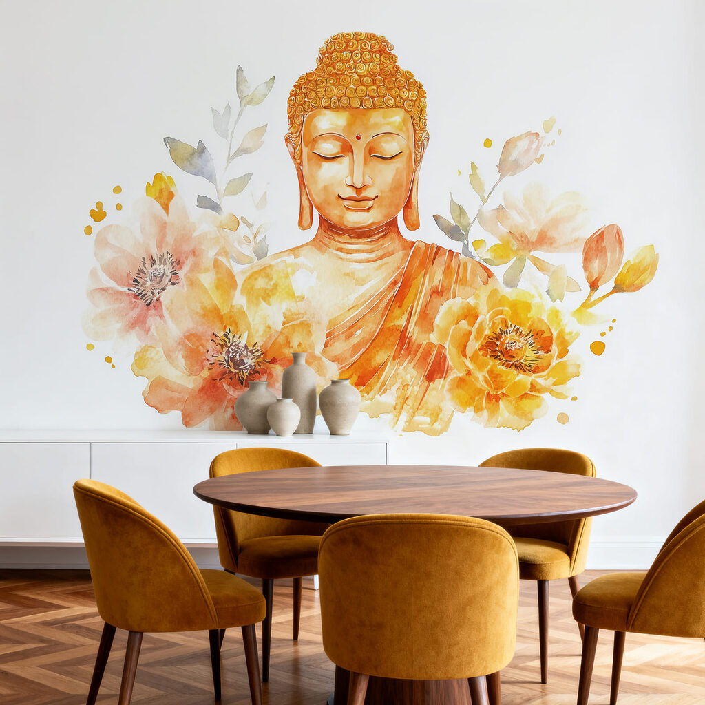 Buddha telt virágok között — lakásbelső 3