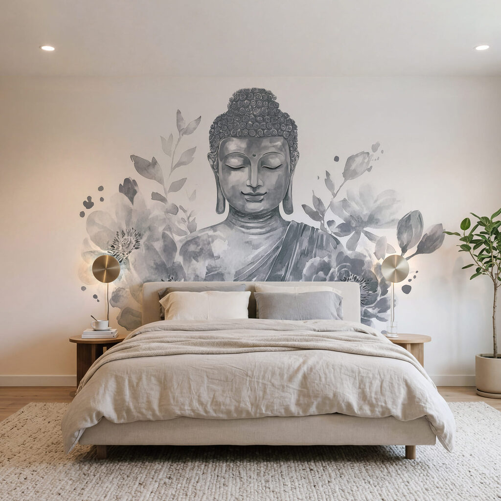 Buddha telt virágok között — lakásbelső 2