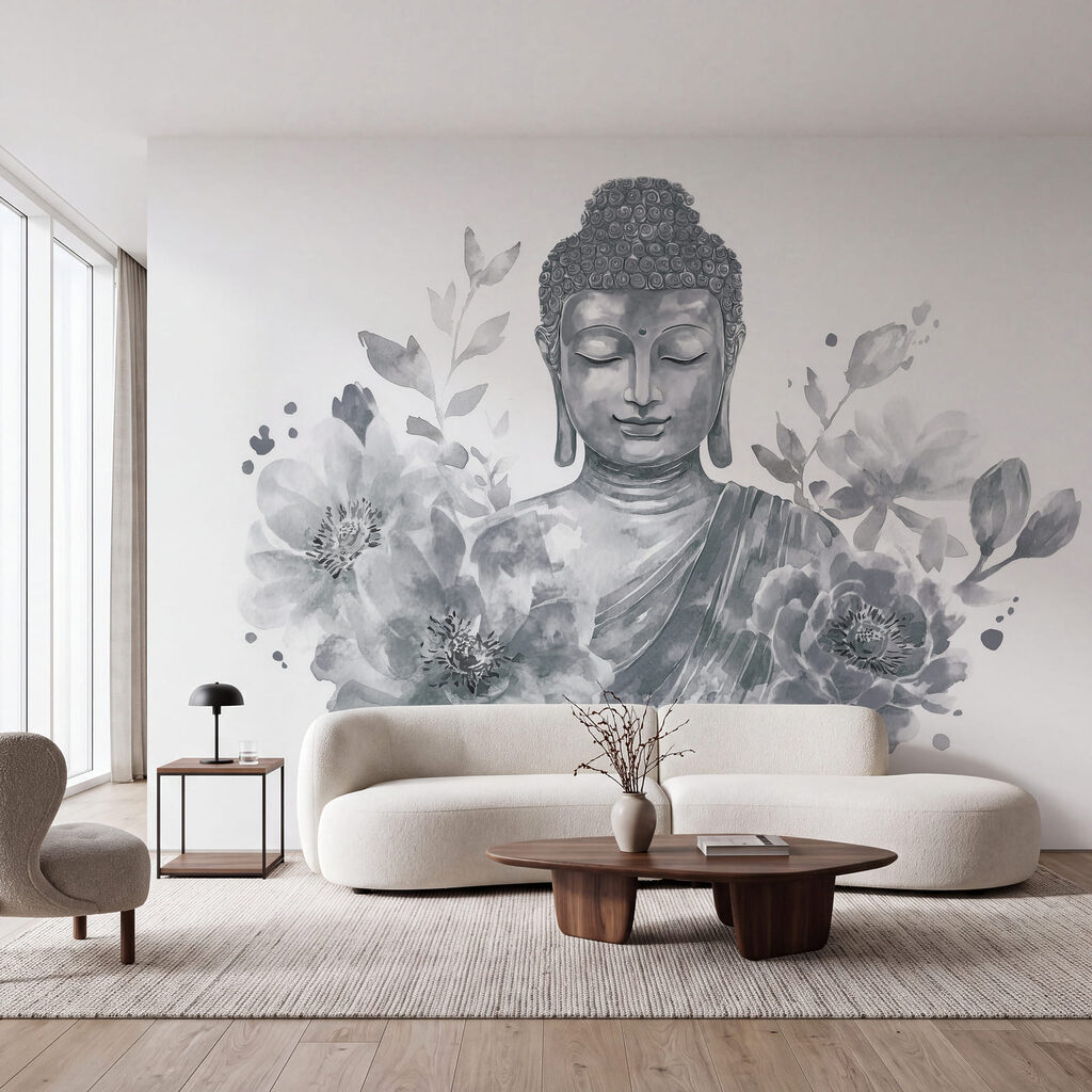 Buddha telt virágok között — lakásbelső 1