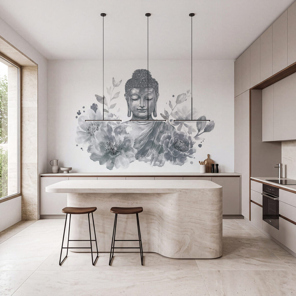 Buddha telt virágok között — lakásbelső 3