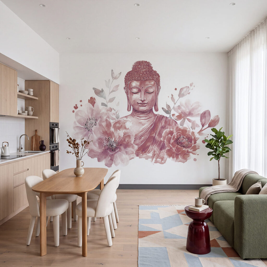 Buddha telt virágok között — lakásbelső 1