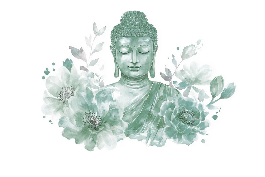 Buddha telt virágok között — teljes motívum
