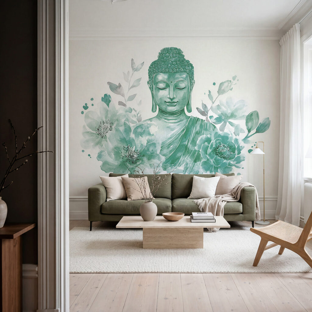 Buddha telt virágok között — lakásbelső 1
