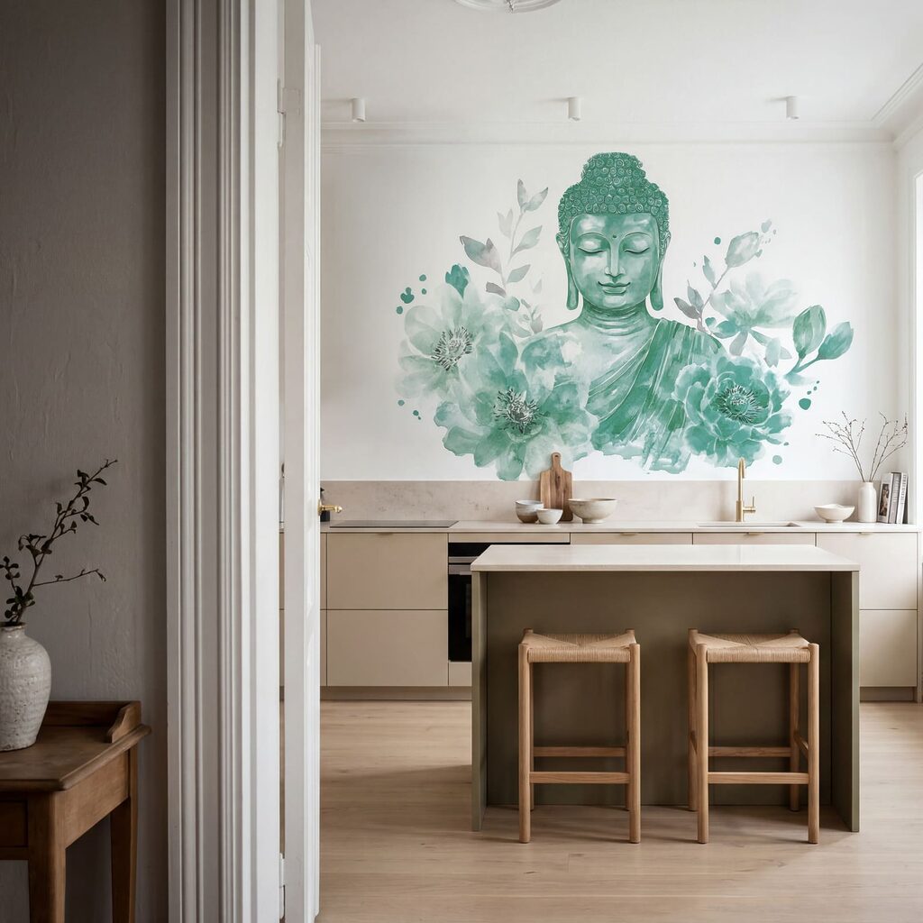 Buddha telt virágok között — lakásbelső 2